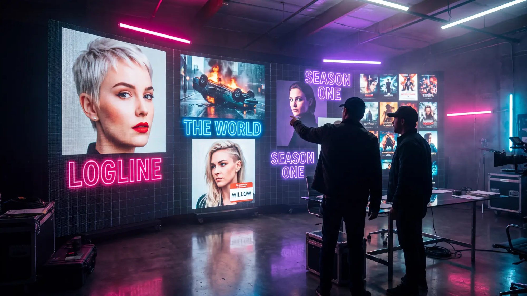 Filmmakers reviewing a film project on a glowing screen wall